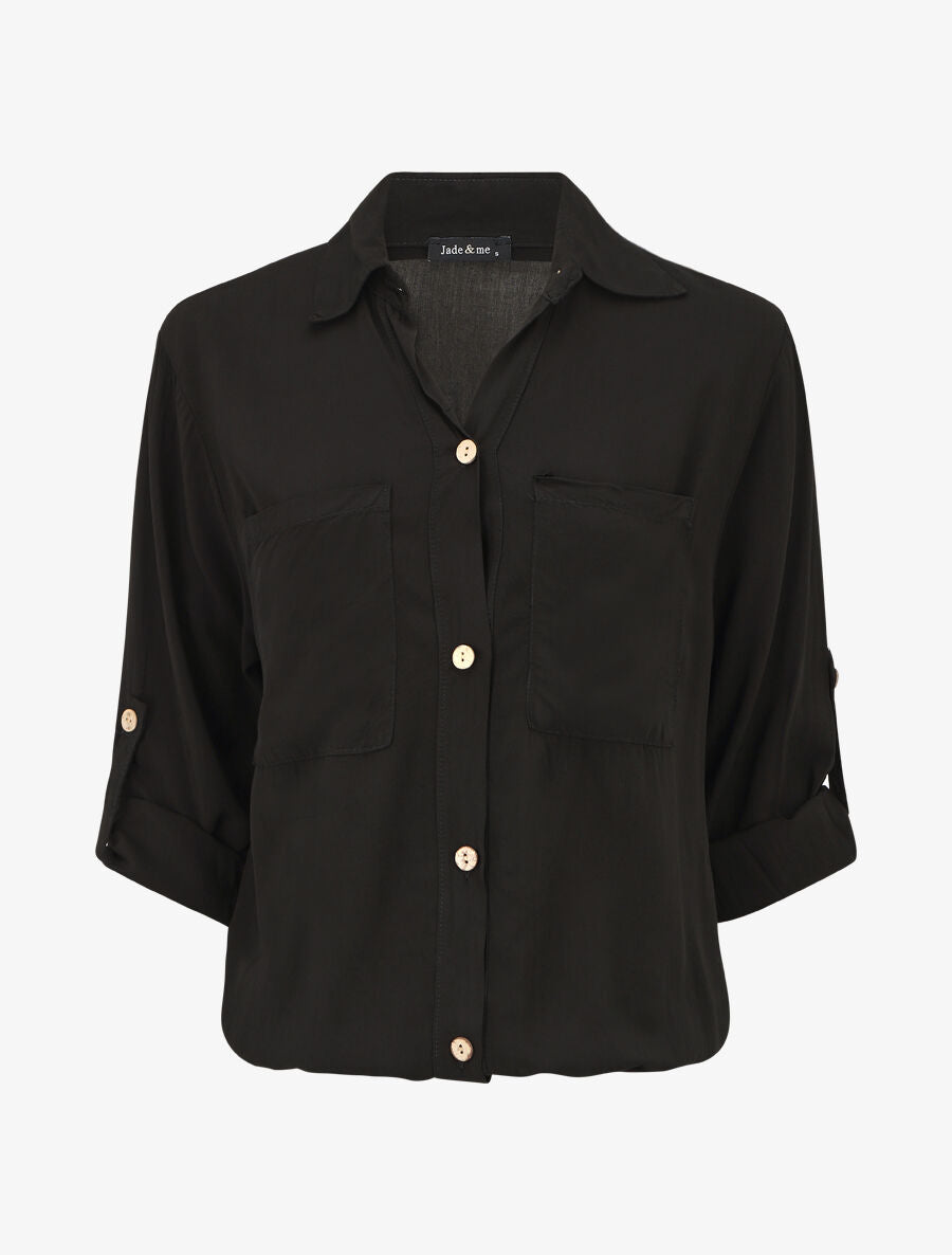Chemise élastiquée unie manches longues - Noir - 4