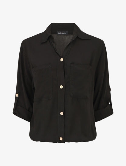 Chemise élastiquée unie manches longues - Noir - 4
