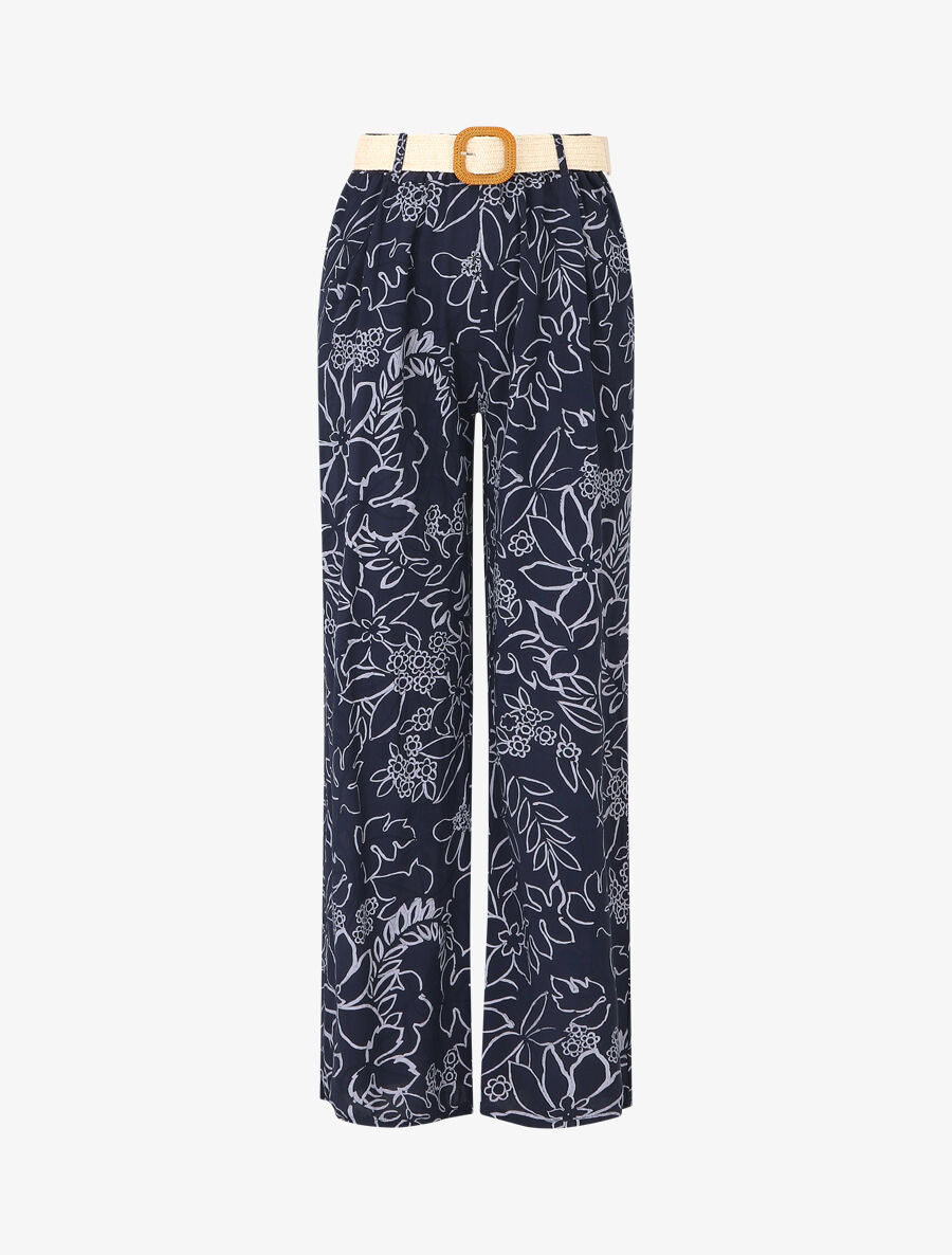 Pantalon fluide imprimé fleurs - Marine - 1