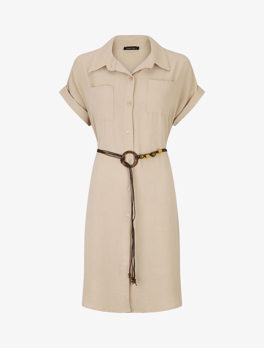 Robe chemise unie à manches courtes - Beige - 1