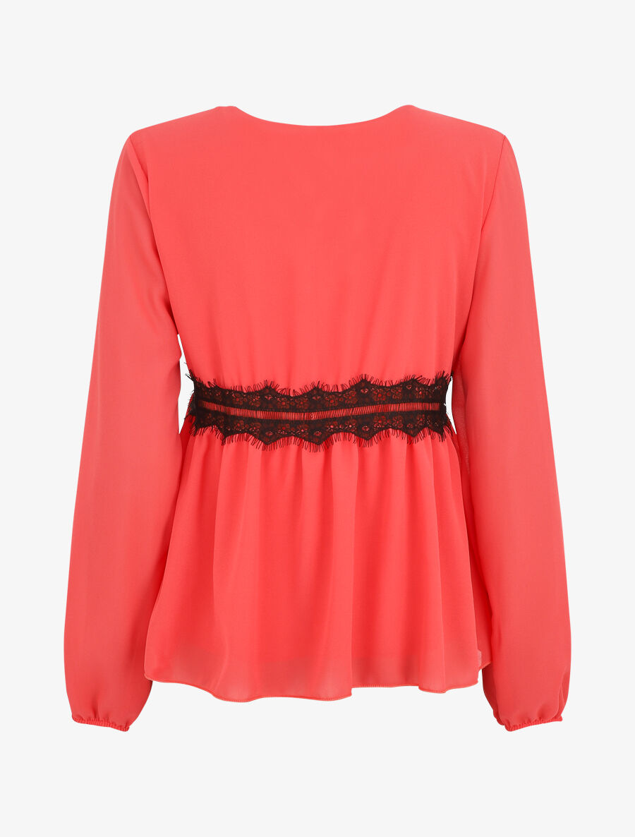 Blouse en voile et dentelle - Rose saumon - 2
