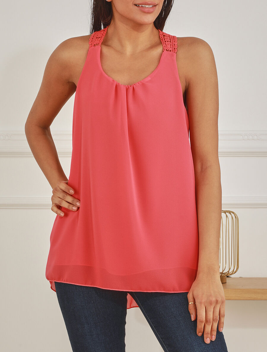 Top en voile sans manches dos en crochet - Corail - 4