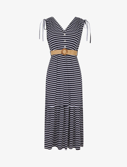 Robe imprimé rayures à taille élastiquée - Marine - 4