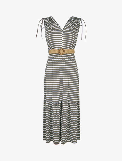 Robe imprimé rayures à taille élastiquée - Kaki - 1