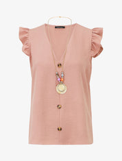 Top uni col V épaules volantées - Rose - 5