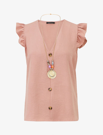 Top uni col V épaules volantées - Rose - 5
