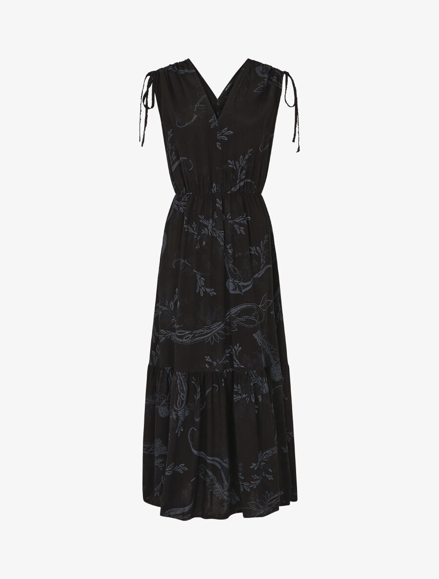 Robe longue élastiquée à imprimé foulard - Noir - 4
