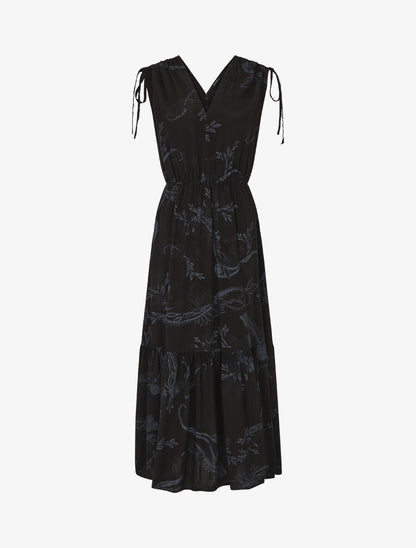 Robe longue élastiquée à imprimé foulard - Noir - 4