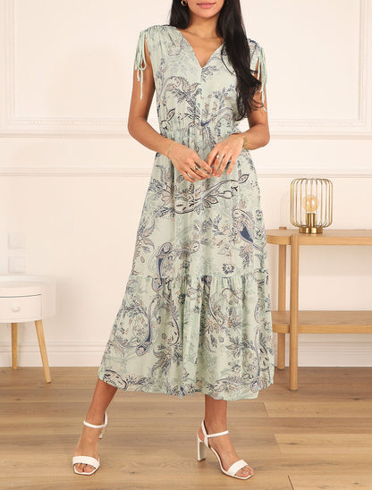 Robe longue élastiquée à imprimé foulard - Vert clair - 4