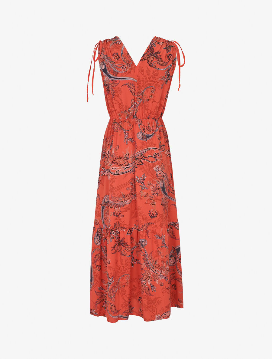 Robe longue élastiquée à imprimé foulard - Orange - 2