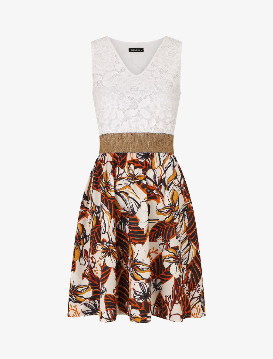 Robe imprimé fleuri à bustier en dentelle - Beige - 1