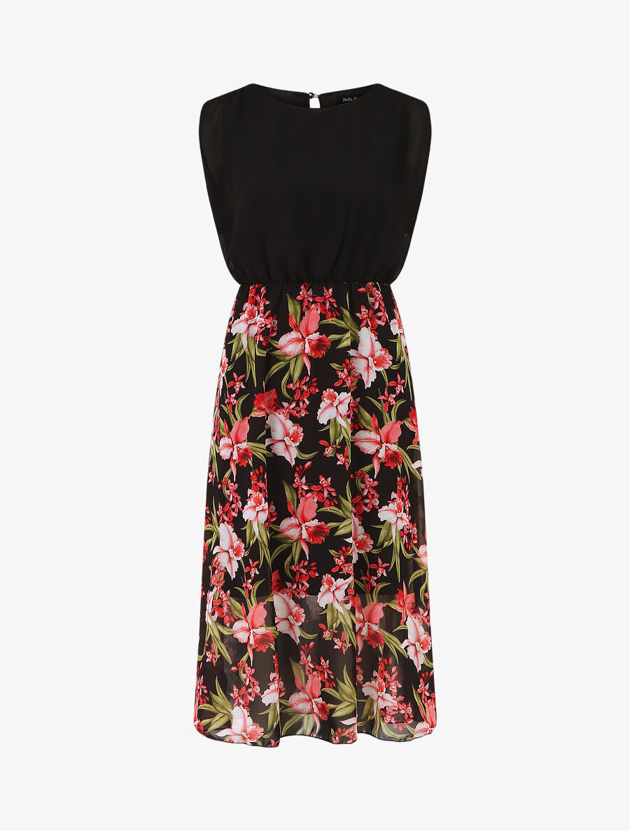 Robe longue sans manches en voile imprimé orchidées - Noir - 1
