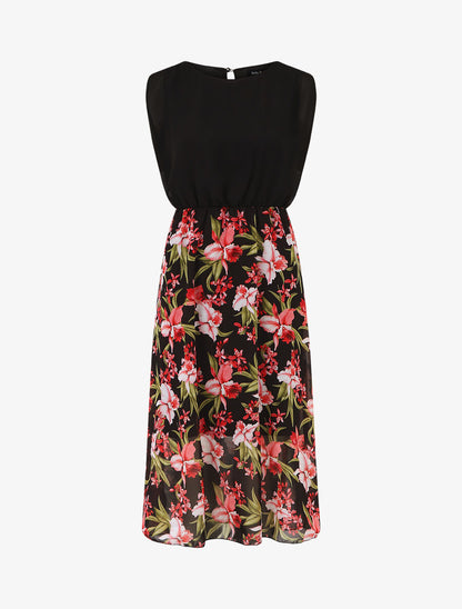 Robe longue sans manches en voile imprimé orchidées - Noir - 1