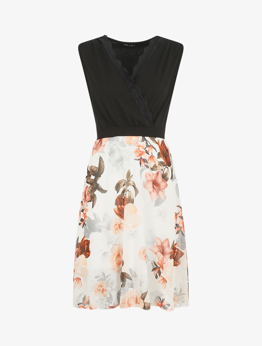 Robe mi-longue fleurie sans manches col cache-coeur - Blanc - 1