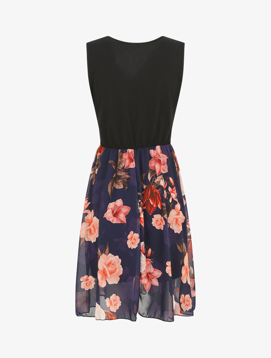 Robe mi-longue fleurie sans manches col cache-coeur - Marine - 2