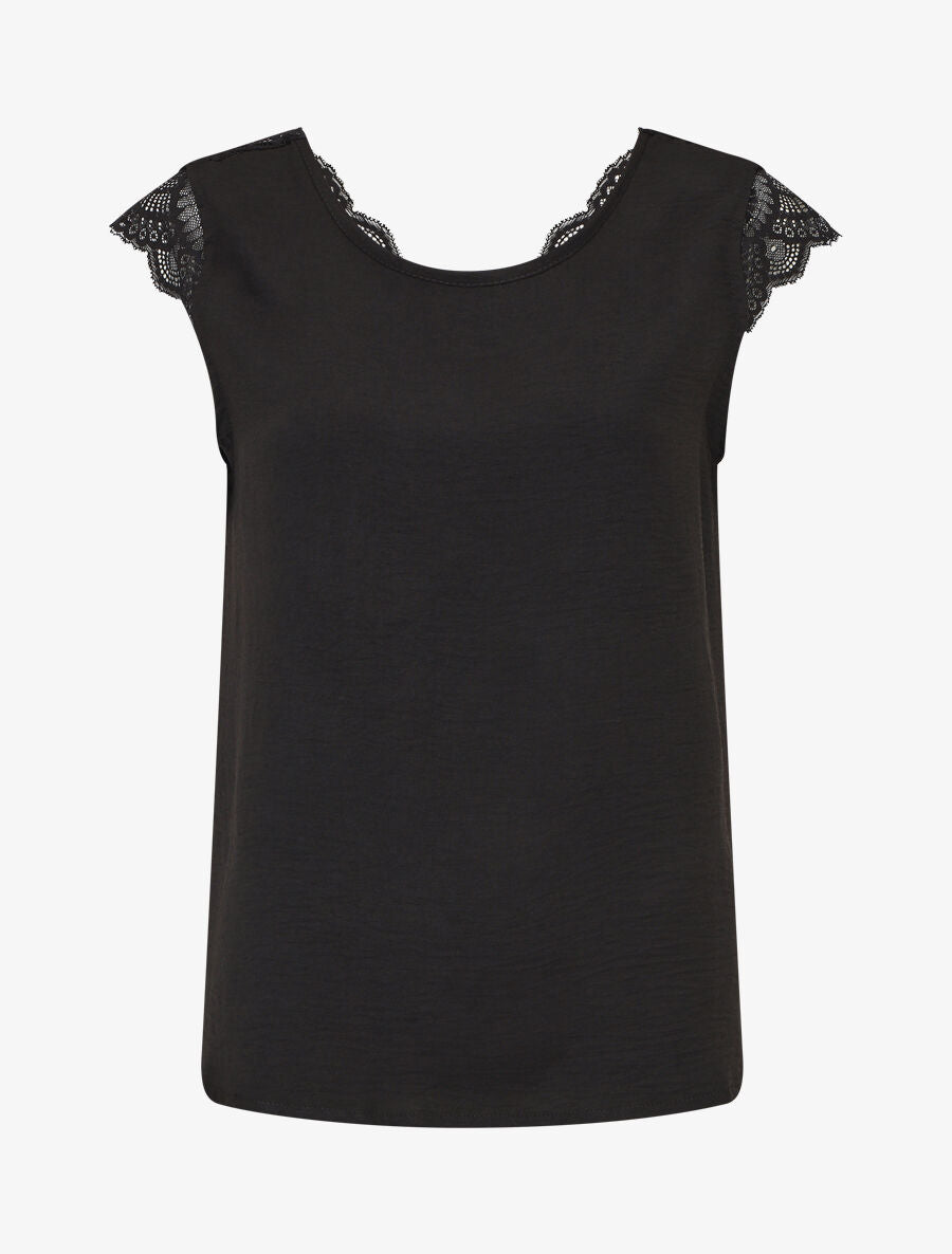 Top avec mancherons uni dos en dentelle - Noir - 1