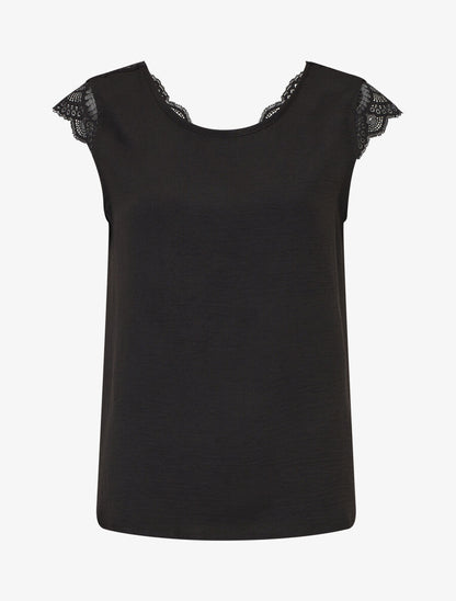 Top avec mancherons uni dos en dentelle - Noir - 1