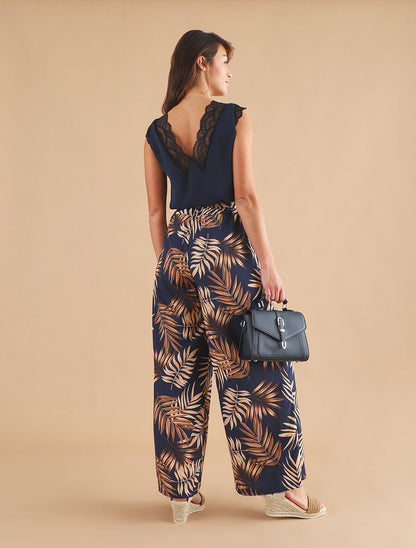 Top avec mancherons uni dos en dentelle - Marine - 5