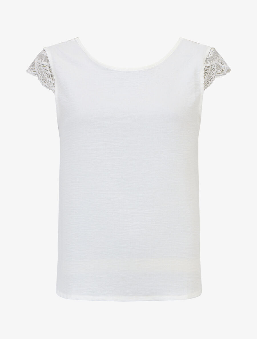 Top avec mancherons uni dos en dentelle - Blanc - 1