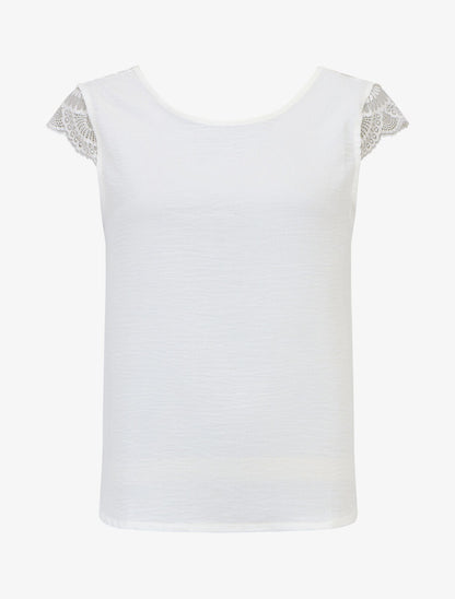Top avec mancherons uni dos en dentelle - Blanc - 1
