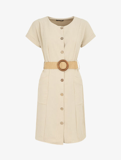 Robe courte unie boutonnée à manches courtes - Beige - 1