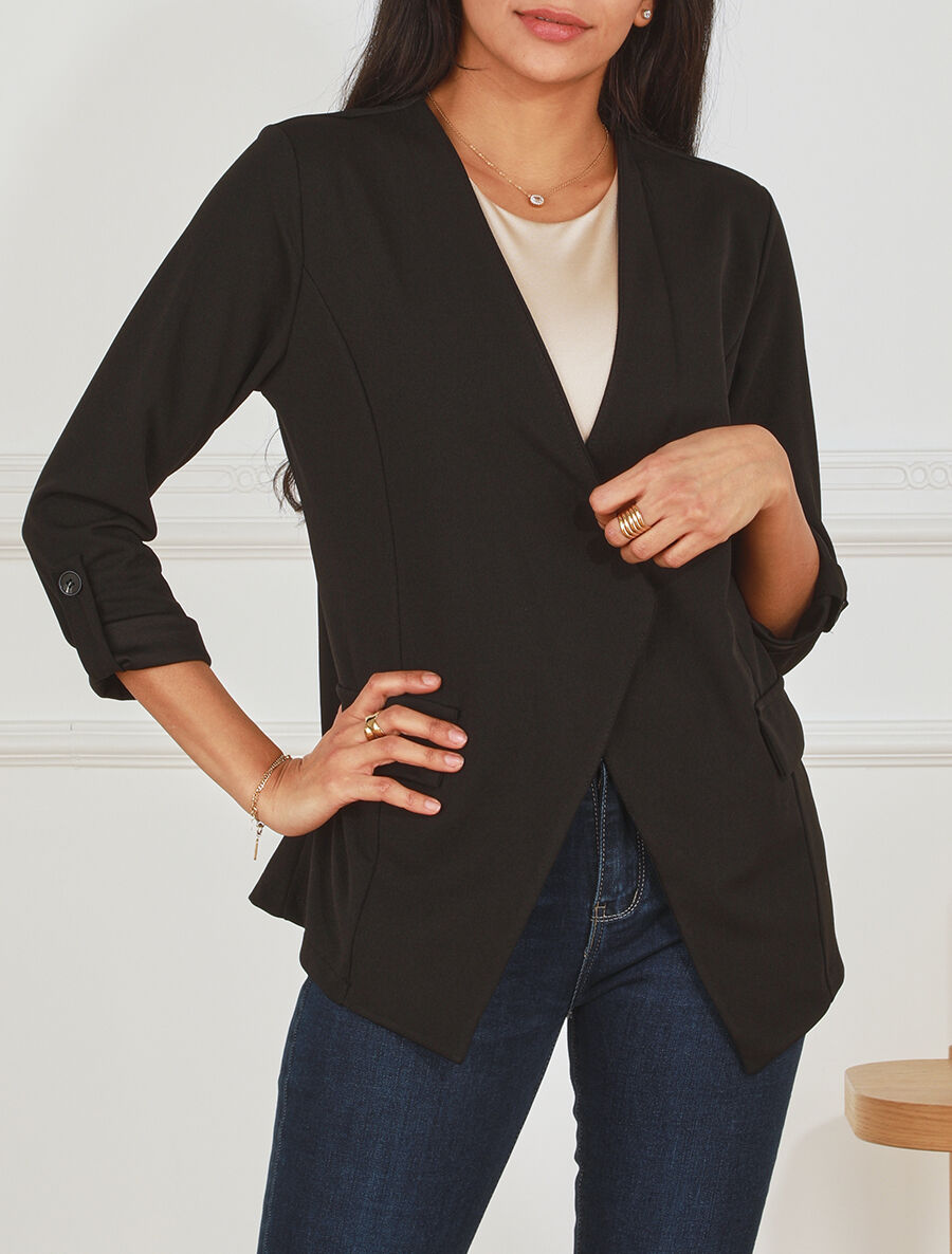 Veste droite unie col cascade - Noir - 4