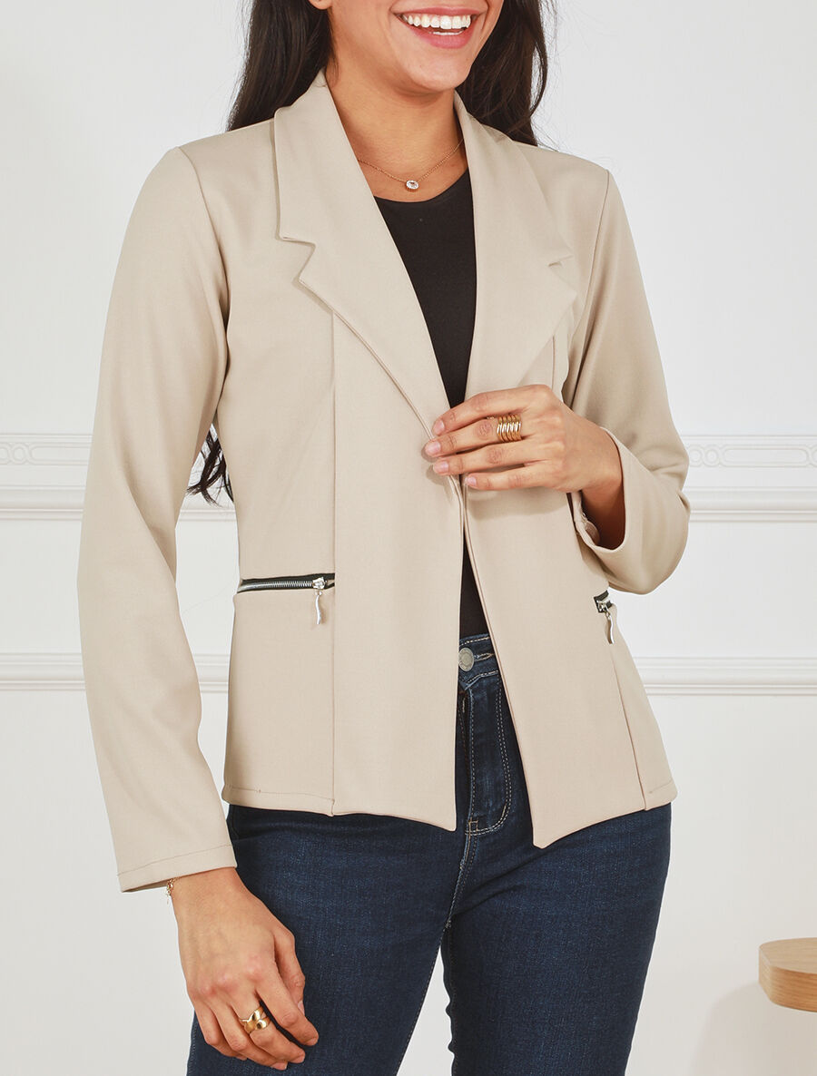 Blazer fluide uni à poches zippées - Beige - 4