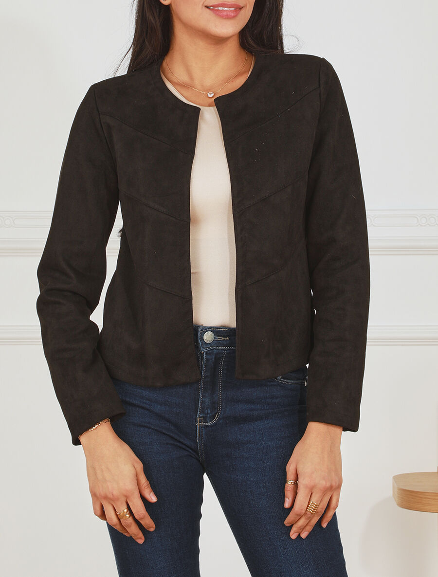 Veste droite unie en suédine - Noir - 4