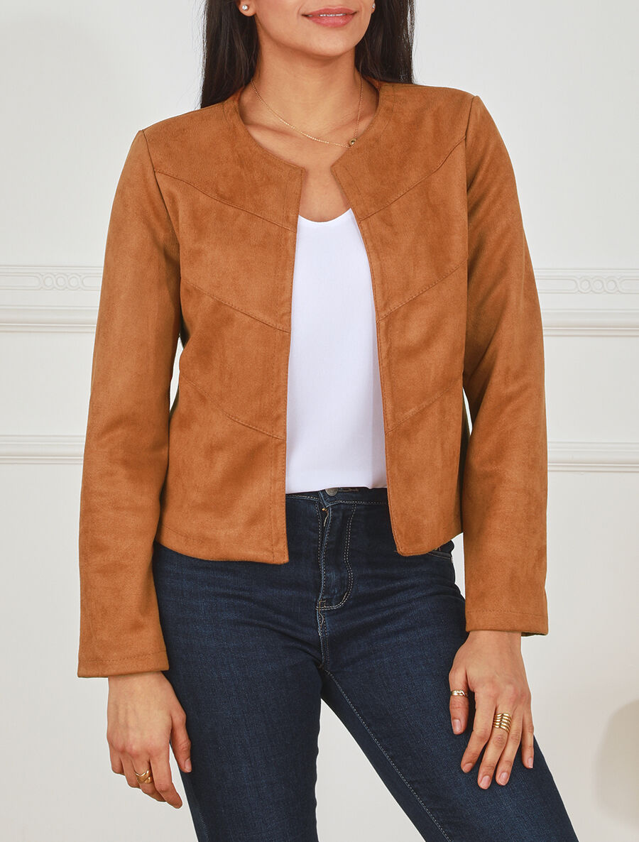 Veste droite unie en suédine - Camel - 4