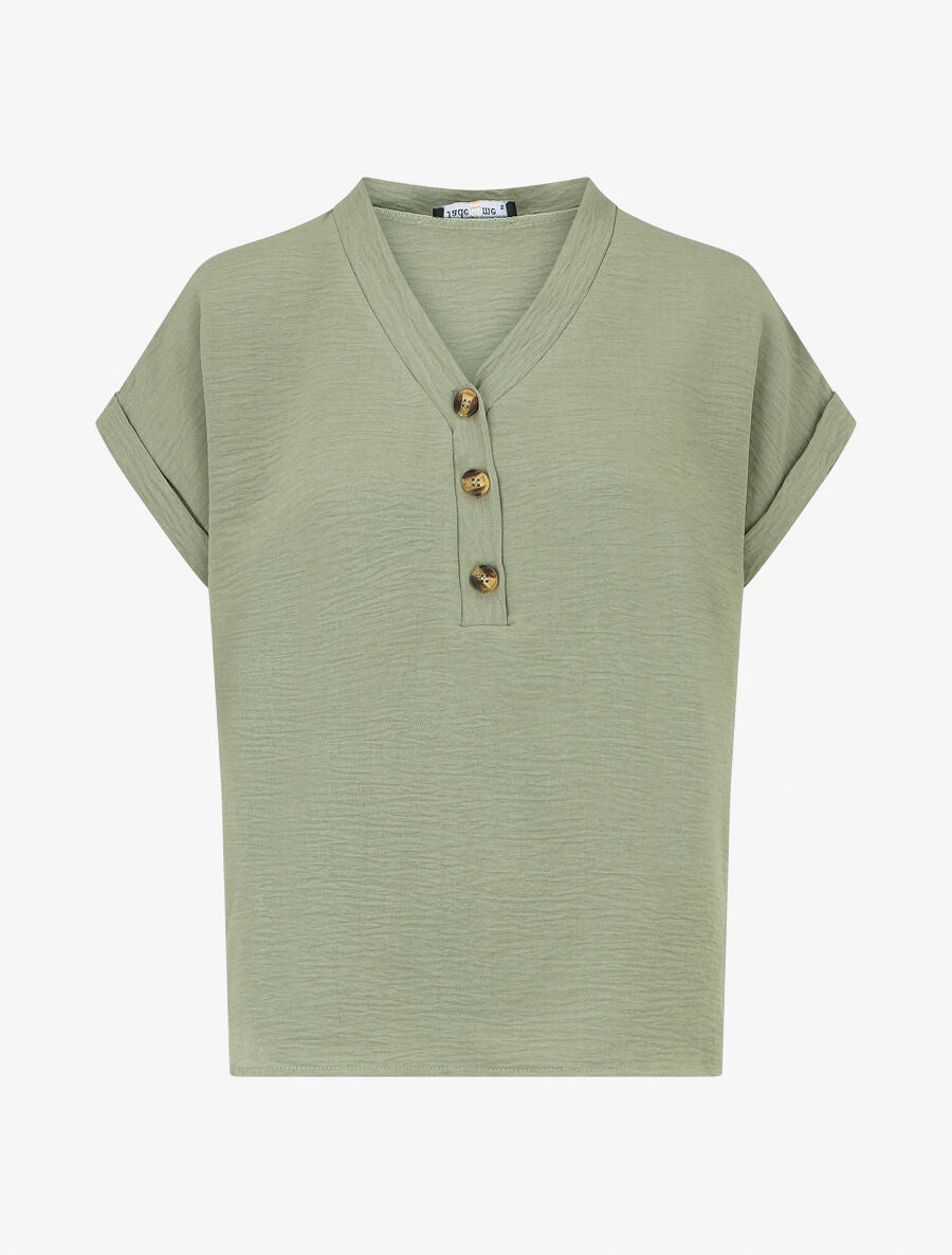 Top droit col V boutonné manches courtes - Kaki - 5