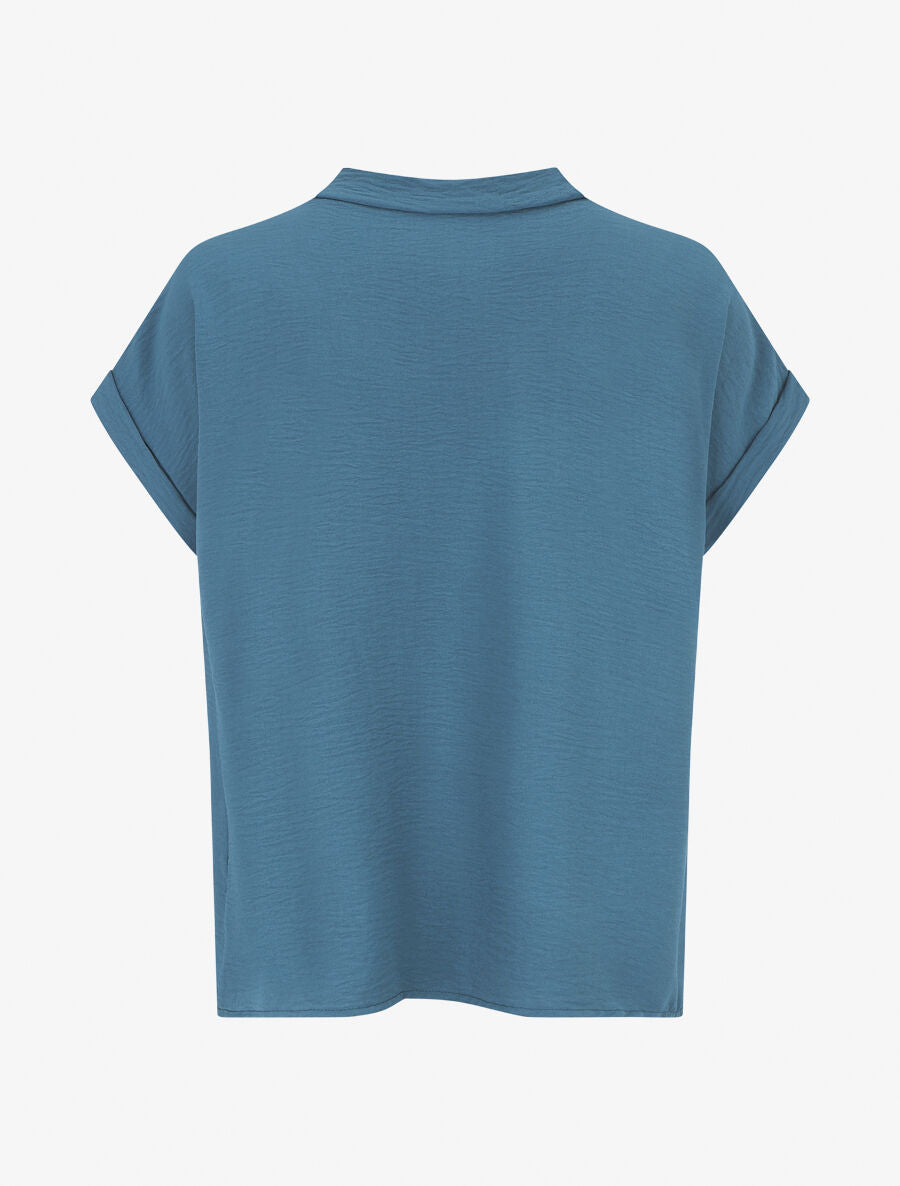 Top droit col V boutonné manches courtes - Bleu - 2