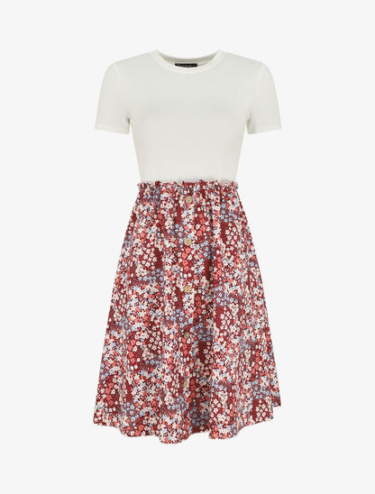 Robe bi-matière manches courtes imprimé fleuri - Bordeaux/blanc - 5