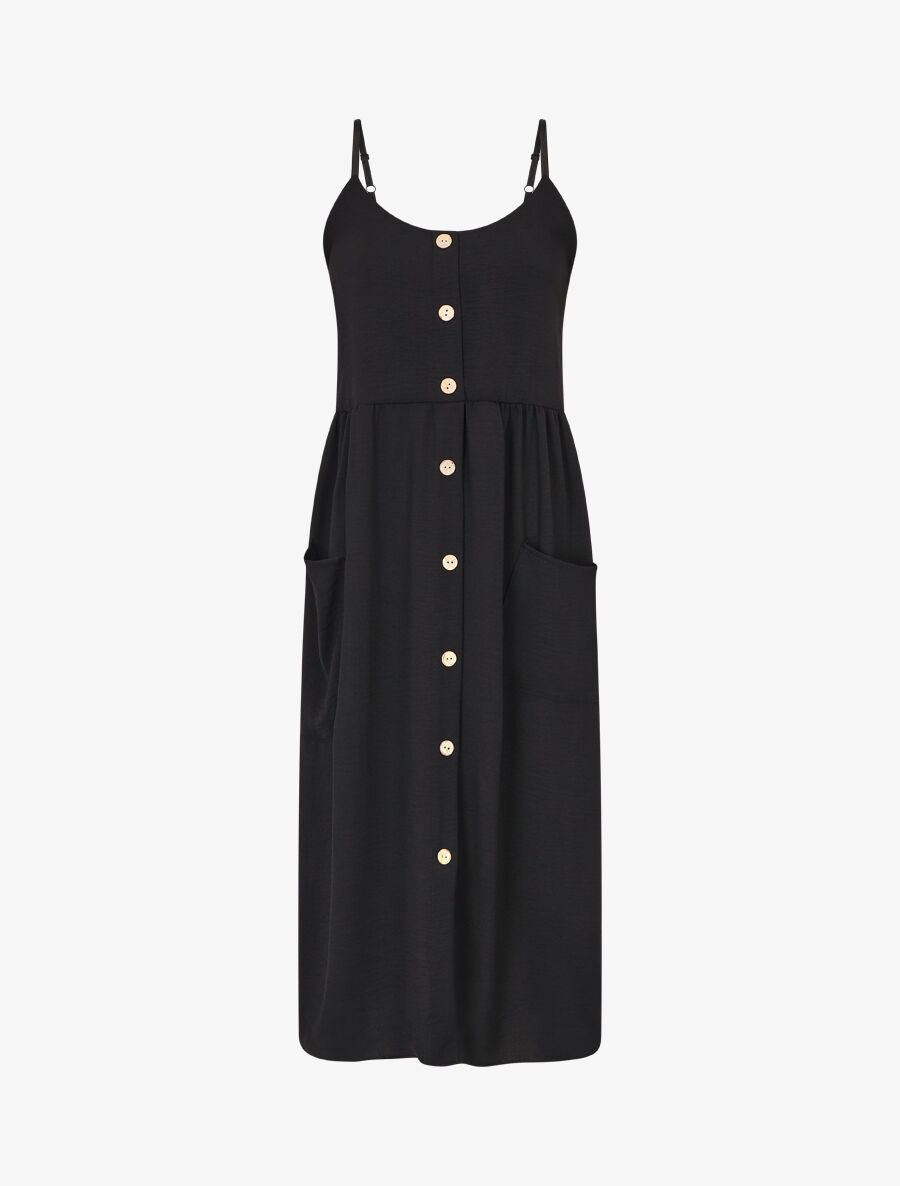 Robe longue boutonnée unie à fines bretelles - Noir - 1