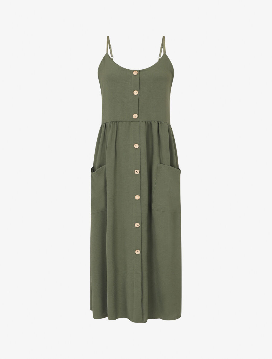 Robe longue boutonnée unie à fines bretelles - Kaki - 5