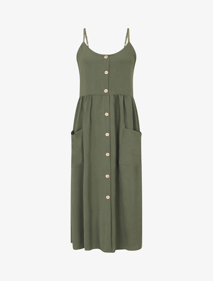 Robe longue boutonnée unie à fines bretelles - Kaki - 5