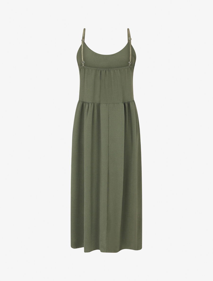 Robe longue boutonnée unie à fines bretelles - Kaki - 2