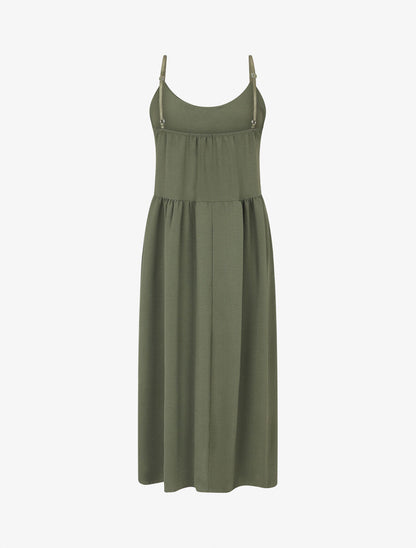 Robe longue boutonnée unie à fines bretelles - Kaki - 2