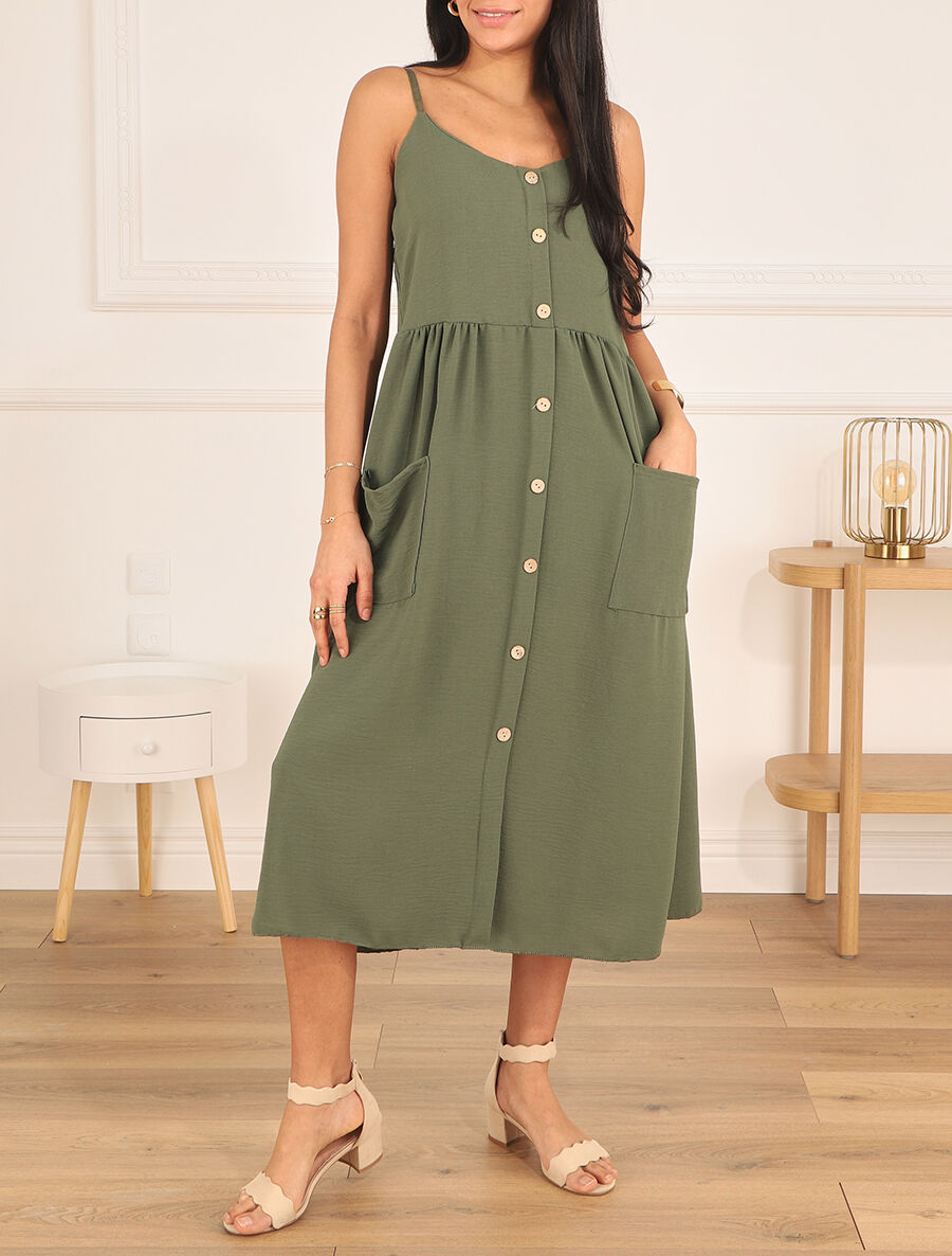 Robe longue boutonnée unie à fines bretelles - Kaki - 4