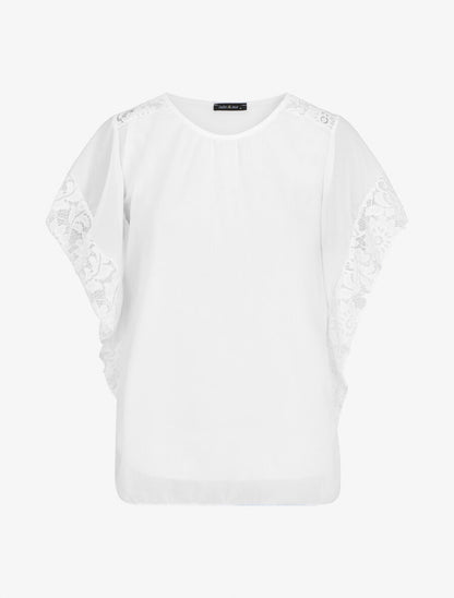 Top droit manches chauve-souris en dentelle - Blanc - 1