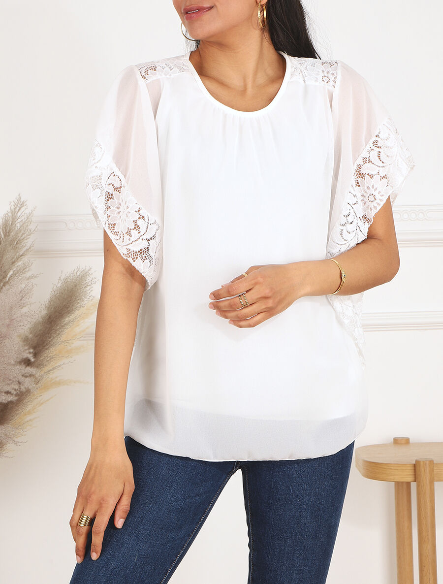 Top droit manches chauve-souris en dentelle - Blanc - 4
