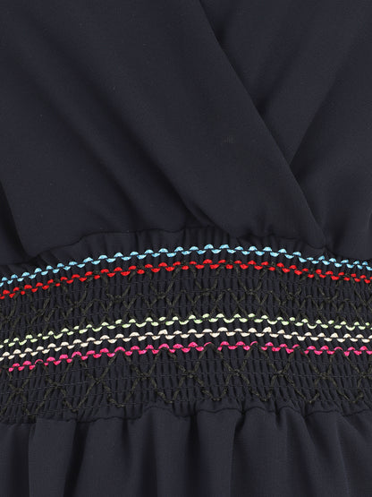 Robe mi-longue sans manches taille élastiquée stylisée - Marine - 3