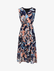 Robe fleurie évasée longue sans manches - Marine - 1