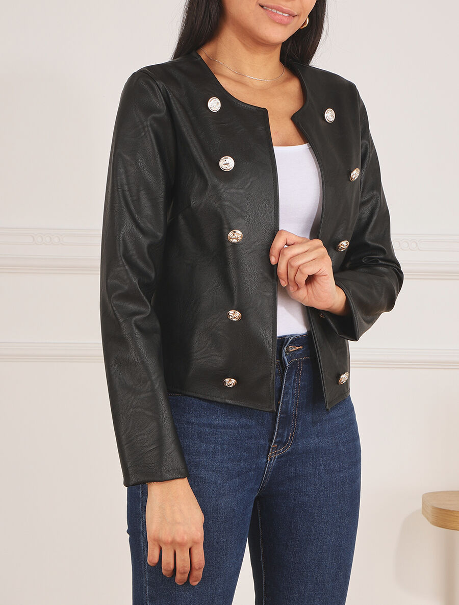Veste droite boutonnée en simili - Noir - 4