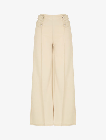 Pantalon fluide uni à boutons décoratifs - Beige - 1