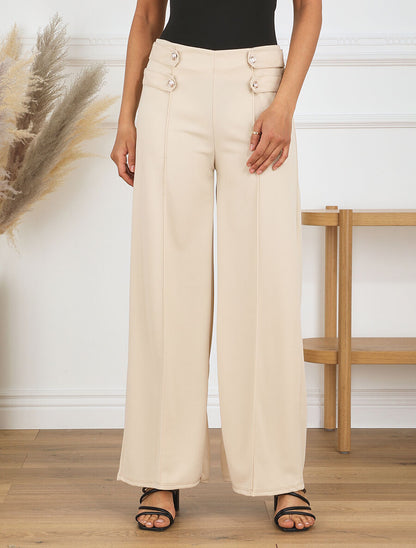 Pantalon fluide uni à boutons décoratifs - Beige - 4
