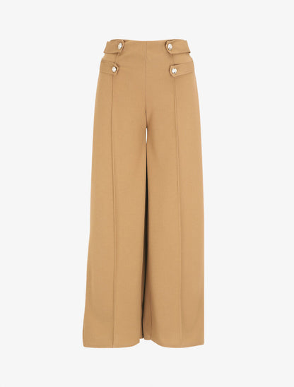 Pantalon fluide uni à boutons décoratifs - Camel - 5