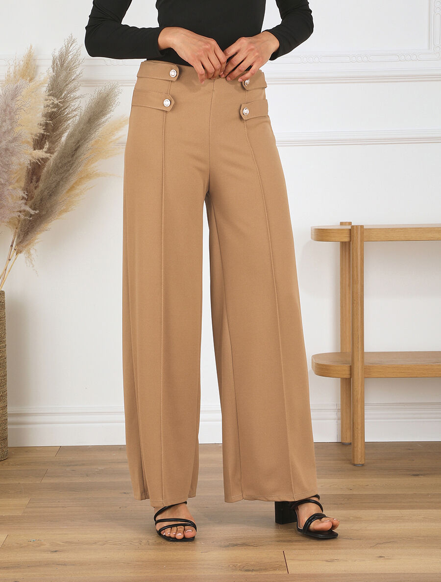 Pantalon fluide uni à boutons décoratifs - Camel - 4