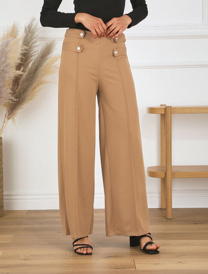 Pantalon fluide uni à boutons décoratifs - Camel - 4