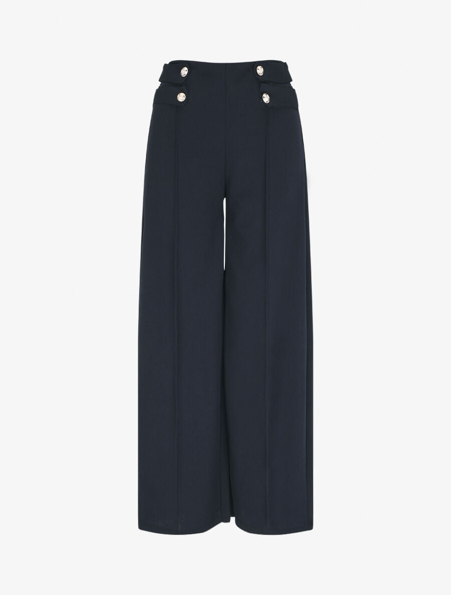 Pantalon fluide uni à boutons décoratifs - Marine - 1