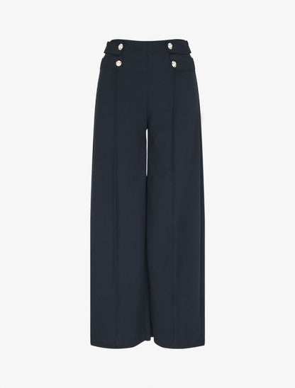 Pantalon fluide uni à boutons décoratifs - Marine - 1